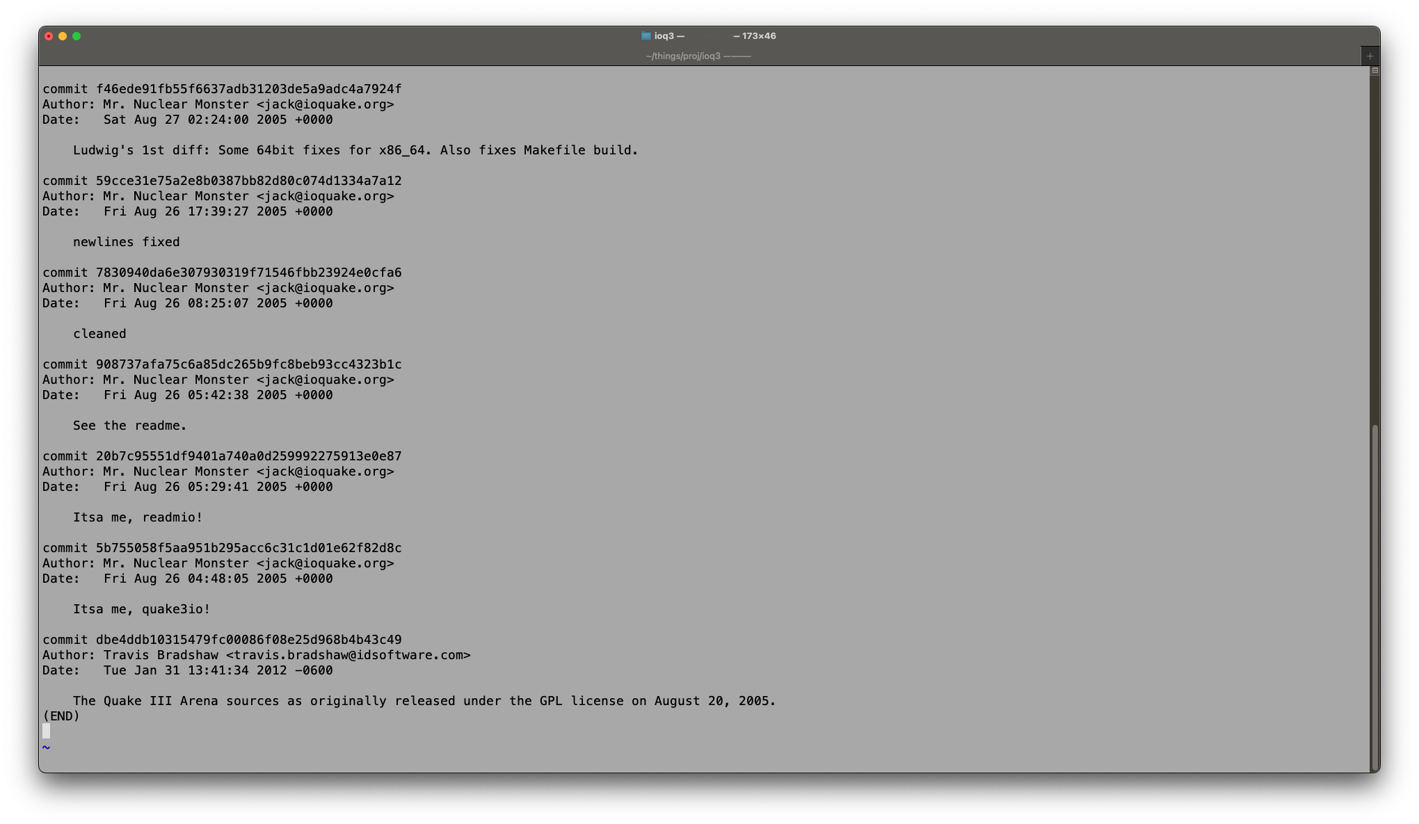 a terminal screenshot showing some of the first commits to the ioquake3 project back in 2005